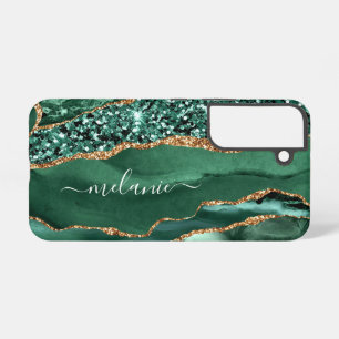 Emerald Green Gold Glitter Marble Custom Your Name Samsung Galaxy S22 Case