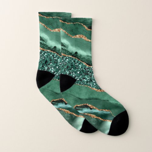 Emerald Green Gold Glitter Marble Gemstone Socks