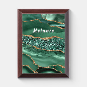 Emerald Green Gold Glitter Marble Personalize Name Award Plaque