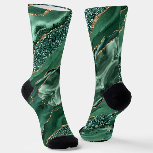 Emerald Green Gold Glitter Marble Sparkle Socks