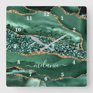 Emerald Green Gold Glitter Marble Your Name Clock