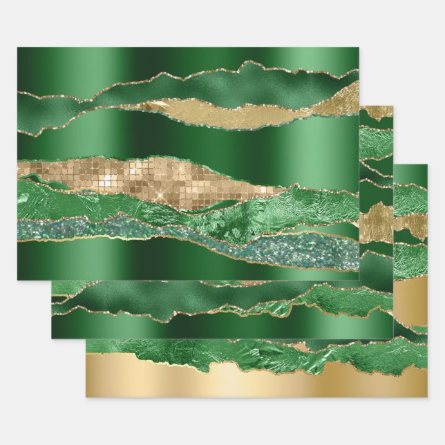 Emerald green gold glitter metallic foil chic wrapping paper sheets (Set)
