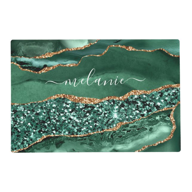 Emerald Green Gold Glitter Placemat Custom Name (Front)