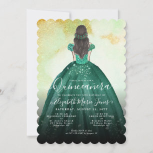 Emerald Green Gold Glitter Princess Quinceañera Invitation