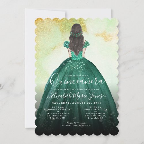 Emerald Green Gold Glitter Princess Quinceaera Invitation