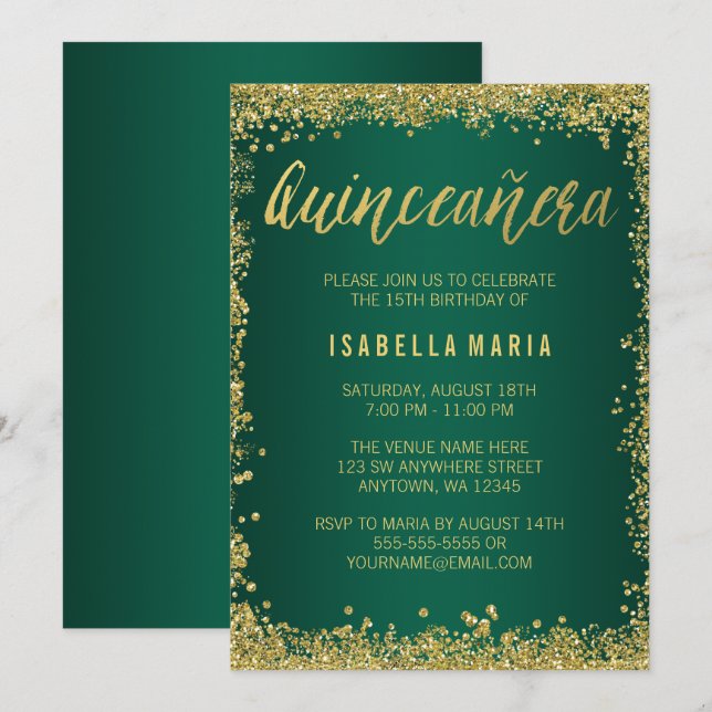 Emerald Green Gold Glitter Quinceanera 15th Invitation (Front/Back)