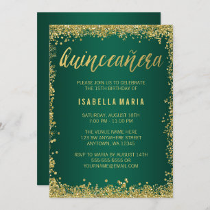 Emerald Green Gold Glitter Quinceanera 15th Invitation