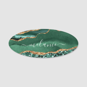 Emerald Green Gold Glitter Sparkly Marble Name Tag