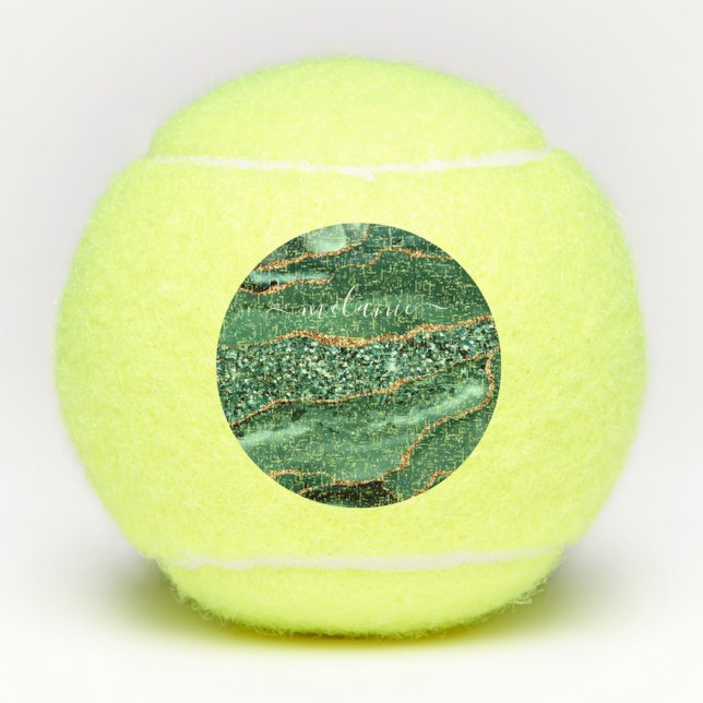 Emerald Green Gold Glitter Tennis Balls with Name (Front)