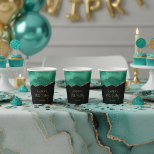 Emerald Green Gold Glitter Watercolor Marble Paper Cups
