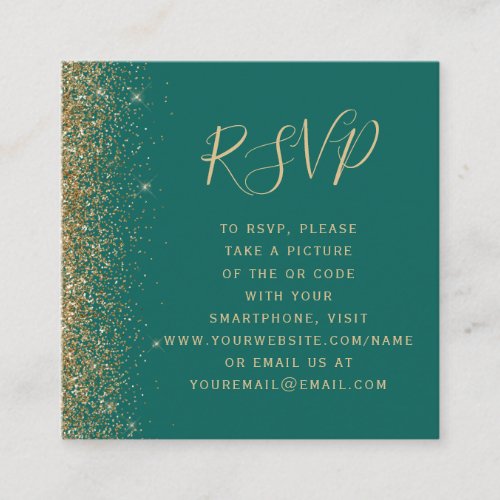 Emerald Green Gold Glitter Wedding QR Code RSVP Enclosure Card