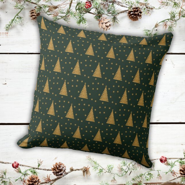 Emerald Green Gold Glitter Xmas Trees and Stars Throw Pillow (Creator Uploaded)