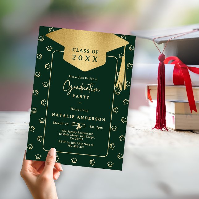 Emerald Green Gold Graduate Hat Graduation Party Invitation (Emerald Green Gold Graduate Hat Graduation Party Invitation)