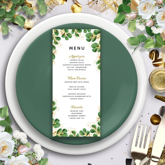Emerald Green & Gold Greenery Elegant Wedding Menu (Creator Uploaded)