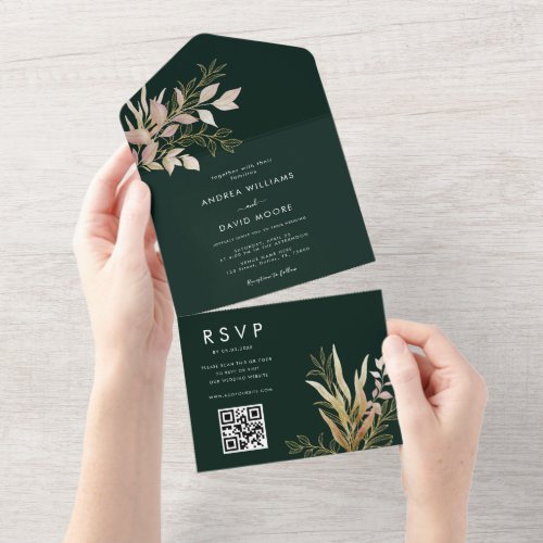 Emerald Green  Gold Greenery QR Code RSVP Wedding All In One Invitation