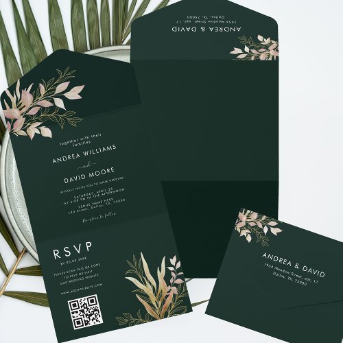 Emerald Green  Gold Greenery QR Code RSVP Wedding All In One Invitation