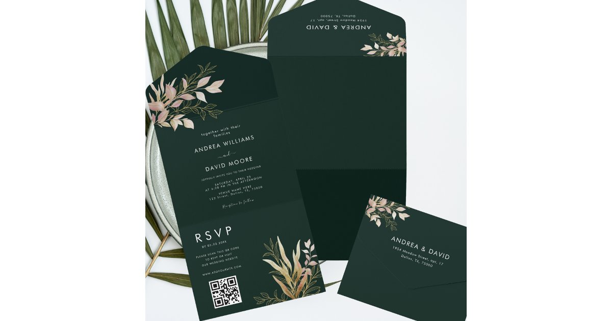 Emerald Green & Gold Greenery QR Code RSVP Wedding All In One ...