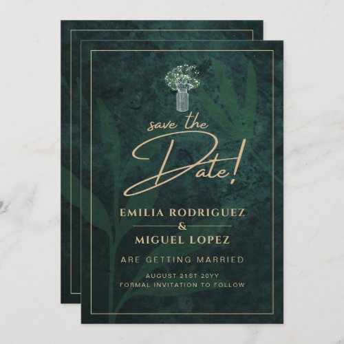 Emerald Green Gold Gypsophila Wedding SAVE DATE Invitation