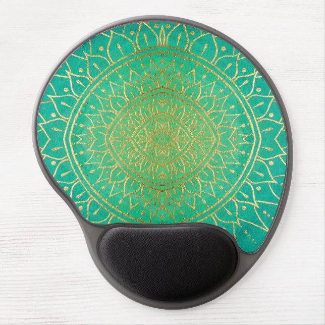 Emerald Green Gold Hand Drawn Mandala  Gel Mouse Pad (Front)