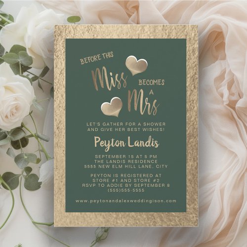 Emerald Green Gold Hearts Miss Mrs Bridal Shower Invitation