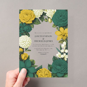 Emerald Green, Gold & Ivory Floral Wedding Acrylic Invitations