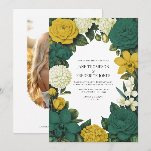 Emerald Green, Gold & Ivory Floral Wedding Invitation (Front/Back)