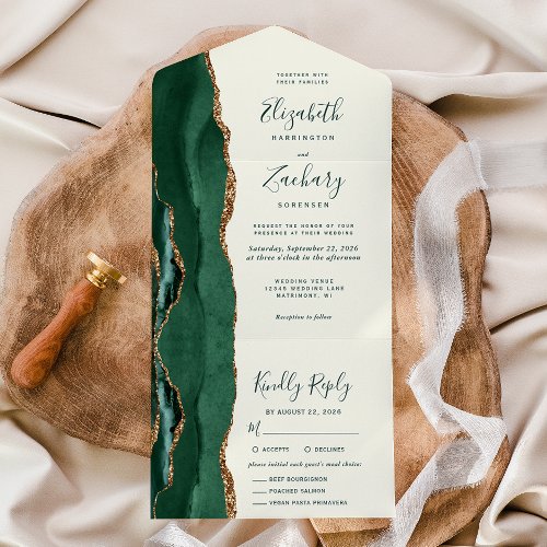 Emerald Green Gold Ivory Meal Options Wedding All In One Invitation