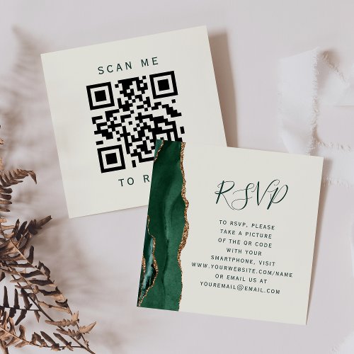 Emerald Green Gold Ivory Wedding QR Code RSVP Enclosure Card