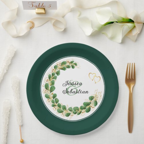 Emerald Green  Gold Jewel Tone Eucalyptus Wedding Paper Plates