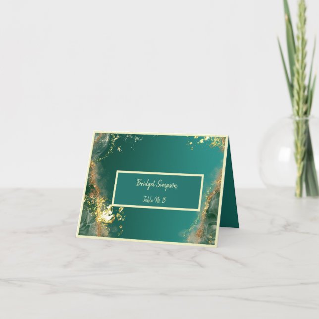 Emerald green gold jewel tones guest seating card (Front)