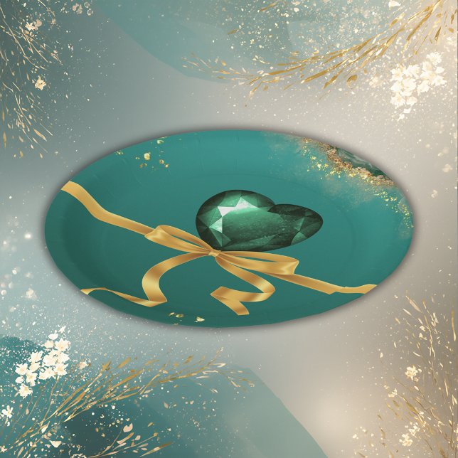 Emerald green gold jewel tones wedding paper plates (Creator Uploaded)