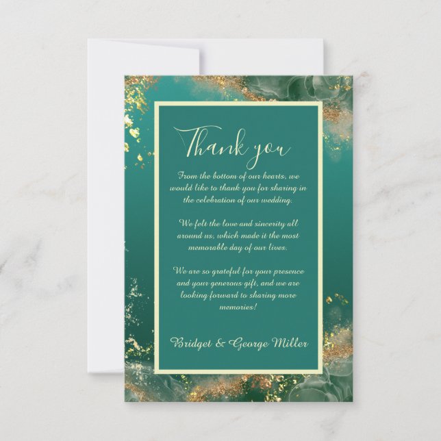 Emerald green gold jewel tones wedding thank you card (Front)