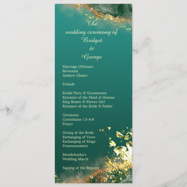 Emerald green gold jewel wedding program & menu (Back)