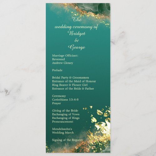 Emerald green gold jewel wedding program  menu