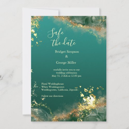 Emerald green gold jewel wedding safe the date  invitation