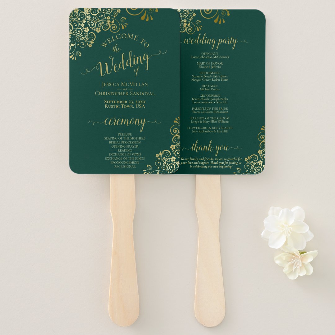 Emerald Green & Gold Lace Elegant Wedding Program Hand Fan | Zazzle