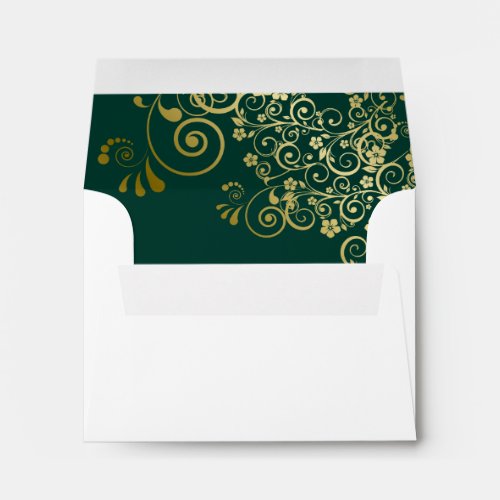 Emerald Green Gold Lace Inside White Wedding RSVP Envelope