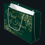Emerald Green & Gold Lace Maid of Honor Wedding Large Gift Bag<br><div class="desc">This beautiful gift bag is designed as a wedding gift or favor bag for the Maid of Honor. It features a beautiful emerald green background with golden faux foil lace curls and swirls in the corners. The gold script lettering reads "Maid of Honor" with a place to enter her name,...</div>