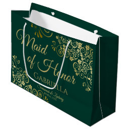 Emerald Green &amp; Gold Lace Maid of Honor Wedding Large Gift Bag