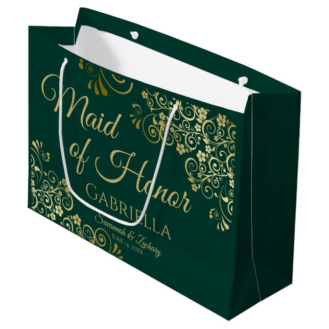 Emerald Green & Gold Lace Maid of Honor Wedding Large Gift Bag (Front Angled)