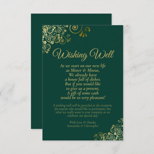 Emerald Green Gold Lace Wedding Wishing Well Poem Enclosure Card