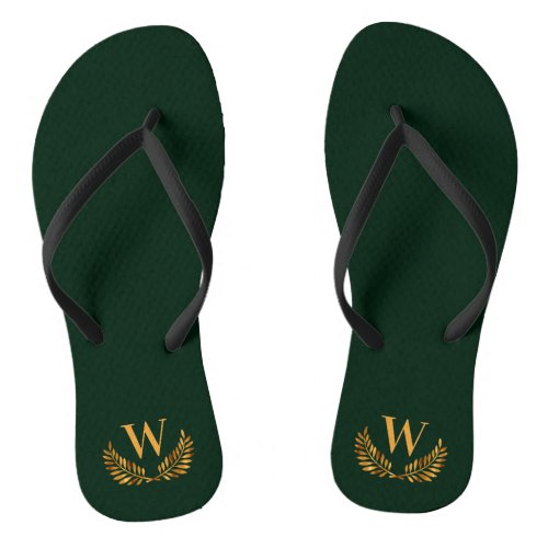 Emerald green gold laurel wreath monogram initial flip flops