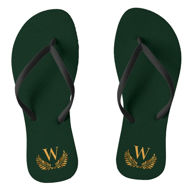 Emerald green gold laurel wreath monogram initial flip flops (Footbed)