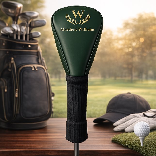 Emerald green gold laurel wreath name monogram golf head cover (Creator Uploaded)