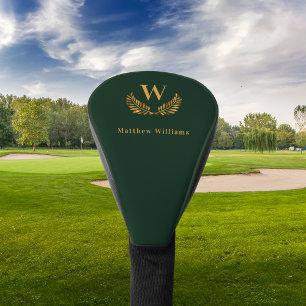 Emerald green gold laurel wreath name monogram golf head cover