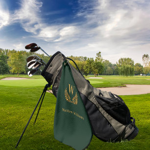 Emerald green gold laurel wreath name monogram golf towel