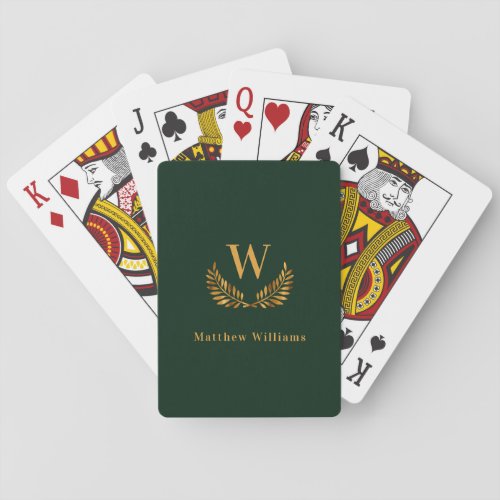 Emerald green gold laurel wreath name monogram playing cards