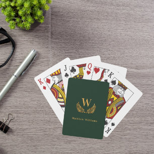 Emerald green gold laurel wreath name monogram poker cards