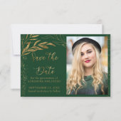 Emerald Green Gold Leaf and Calligraphy Photo Save The Date (Front)
