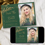 Emerald Green Gold Leaf and Calligraphy Photo Save The Date<br><div class="desc">Elegant Gold Leaf and Emerald Green Save the Date with your own photo and ornate hand lettered calligraphy. The template is set up for you to upload a picture of the quince and personalize with your celebration date. The design has fine line drawn leaves and solid gold leaf foliage with...</div>